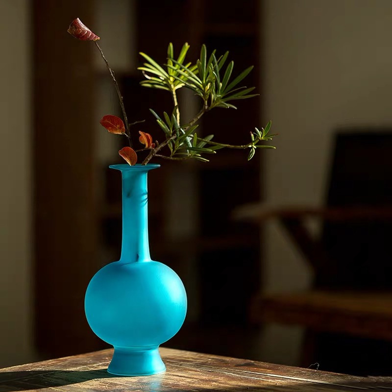 中式玻璃花瓶雀蓝瓶传统插花禅意家居装饰摆件长颈花瓶