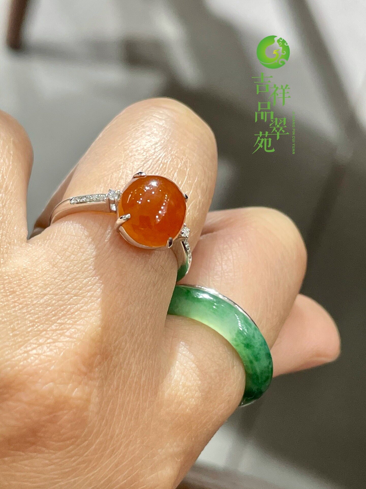 品翠苑缅甸天然翡翠货冰种红翡蛋面18k白金钻石戒指戒指
