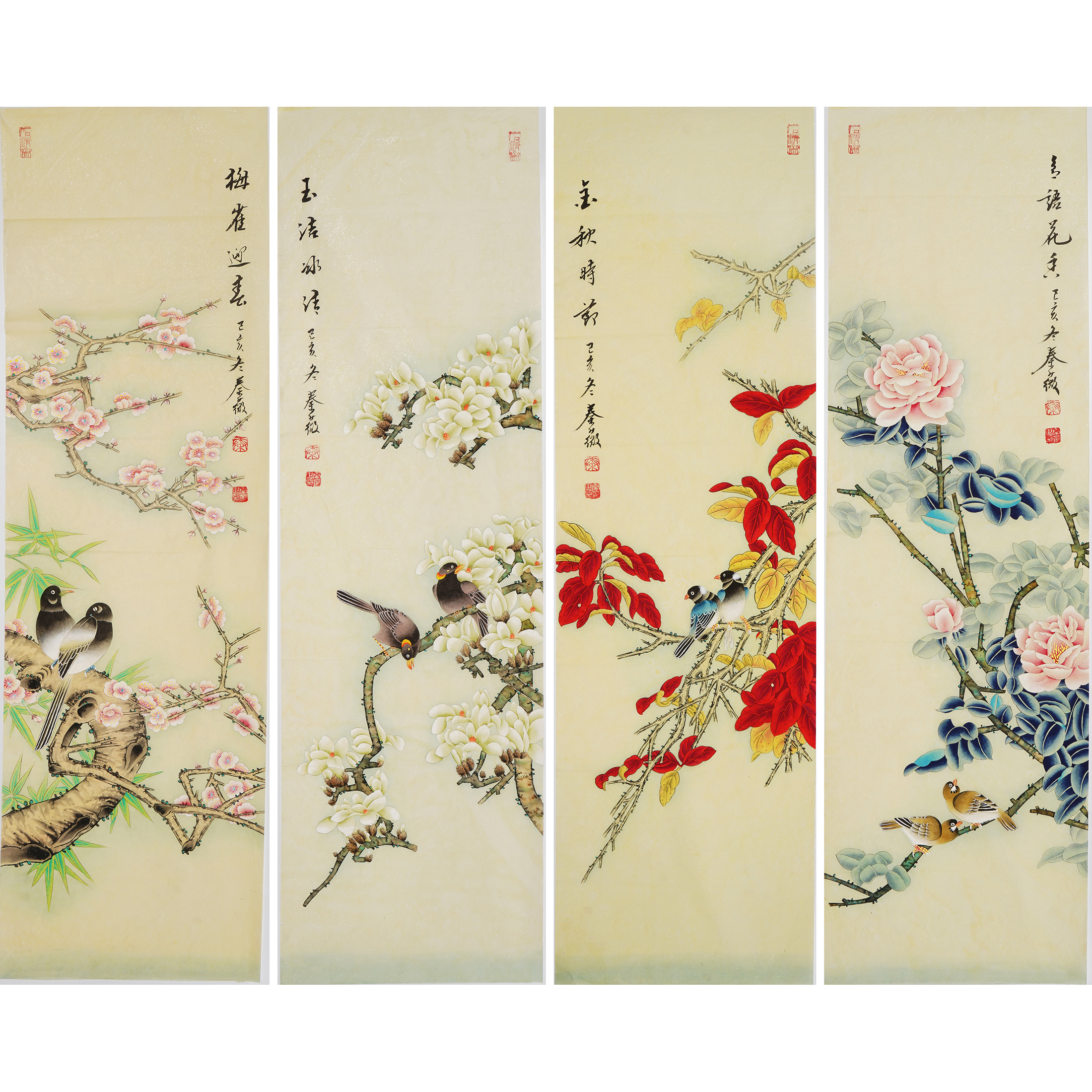 四季吉祥吉祥花花鸟条屏春夏秋冬工笔画精品玄关中堂国画