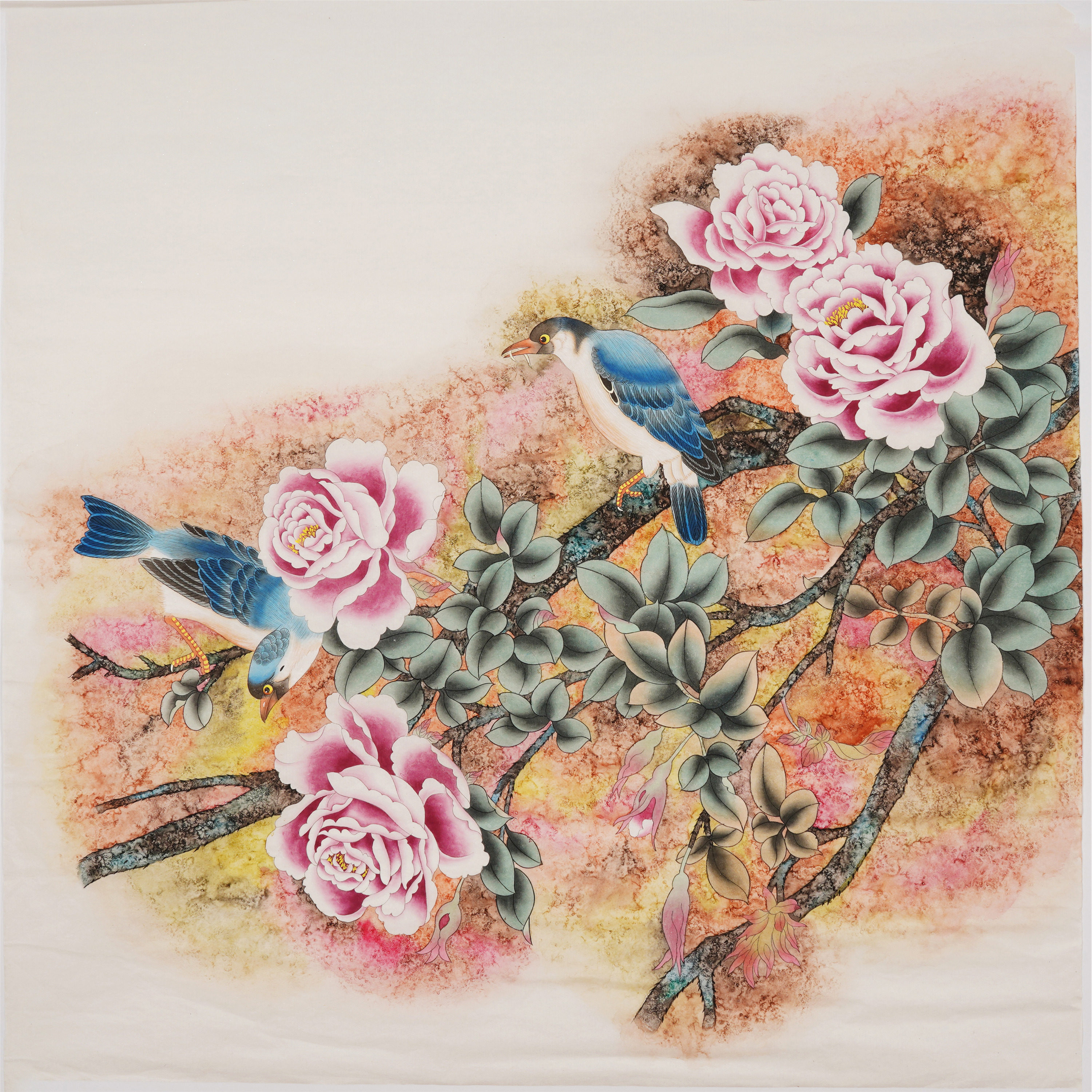 国画无款提款花鸟手绘工笔画精品牡丹蝴蝶斗方国画