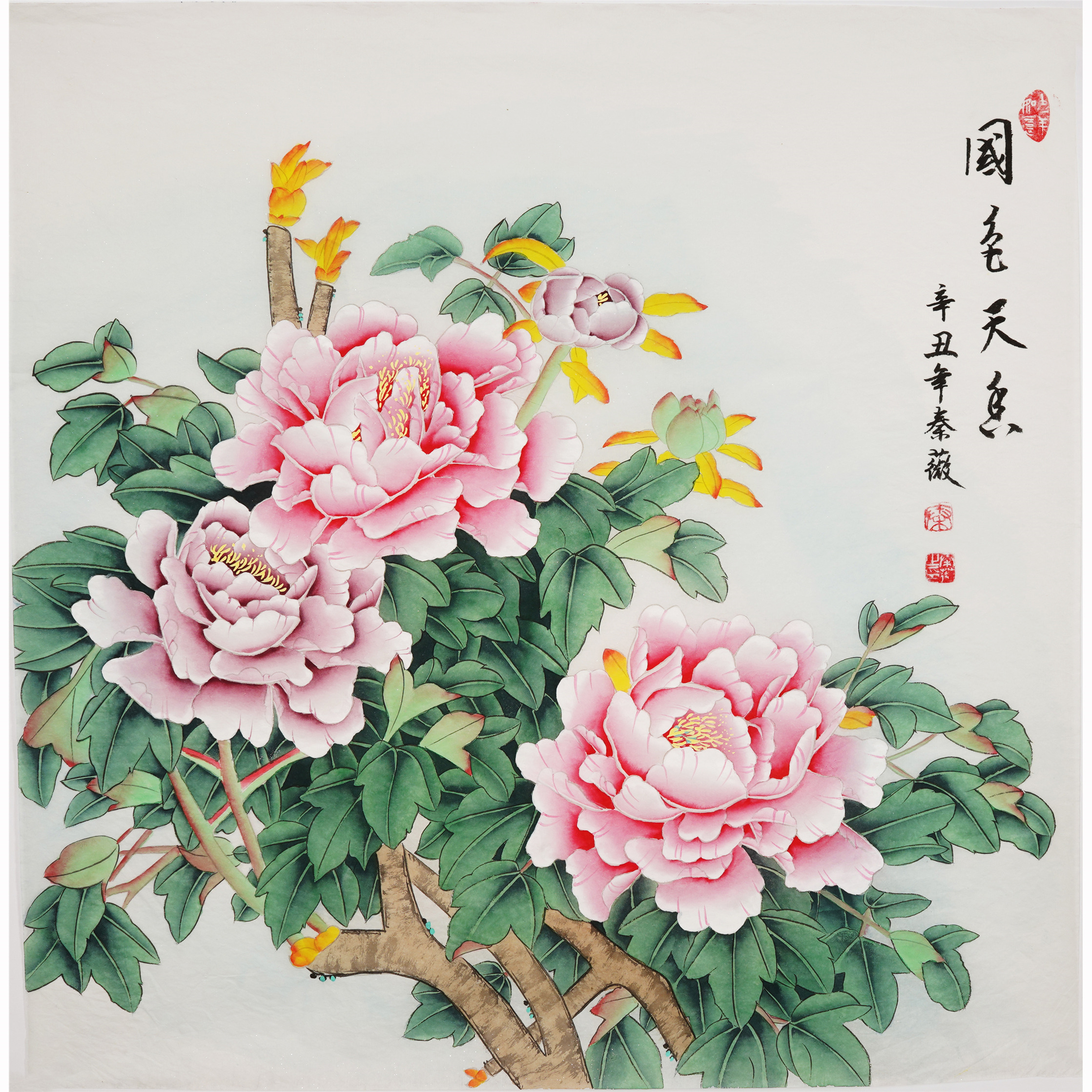 牡丹工笔字画秦薇装饰画手工贵纯富贵花开斗方国画