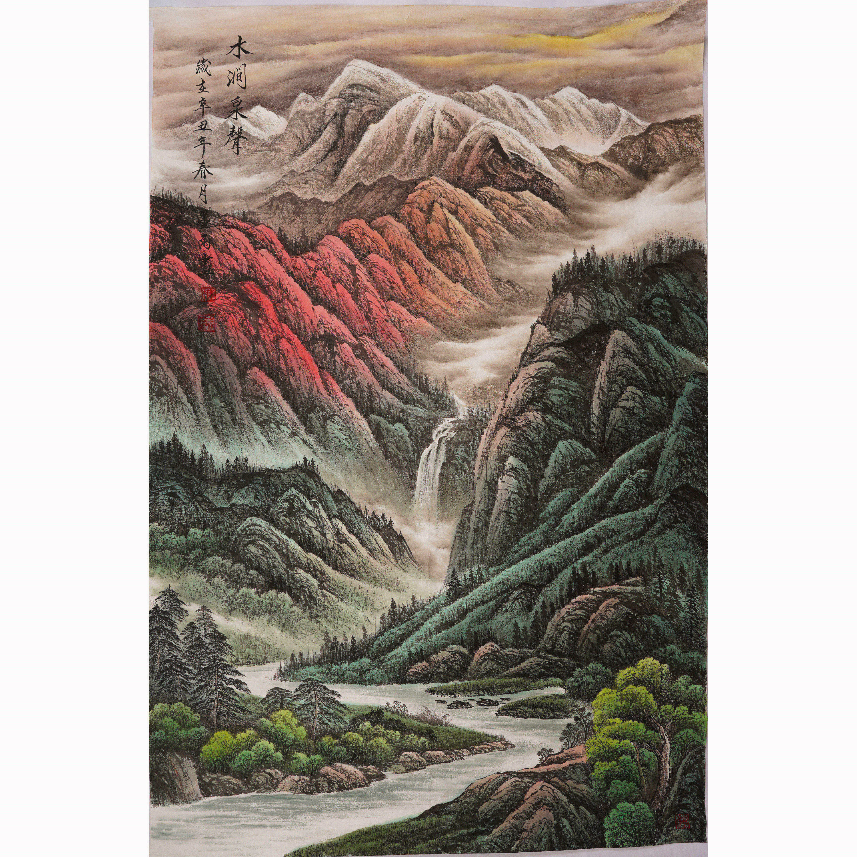 手绘绘彩山水画精品竖款玄关大堂中式中堂装饰画国画