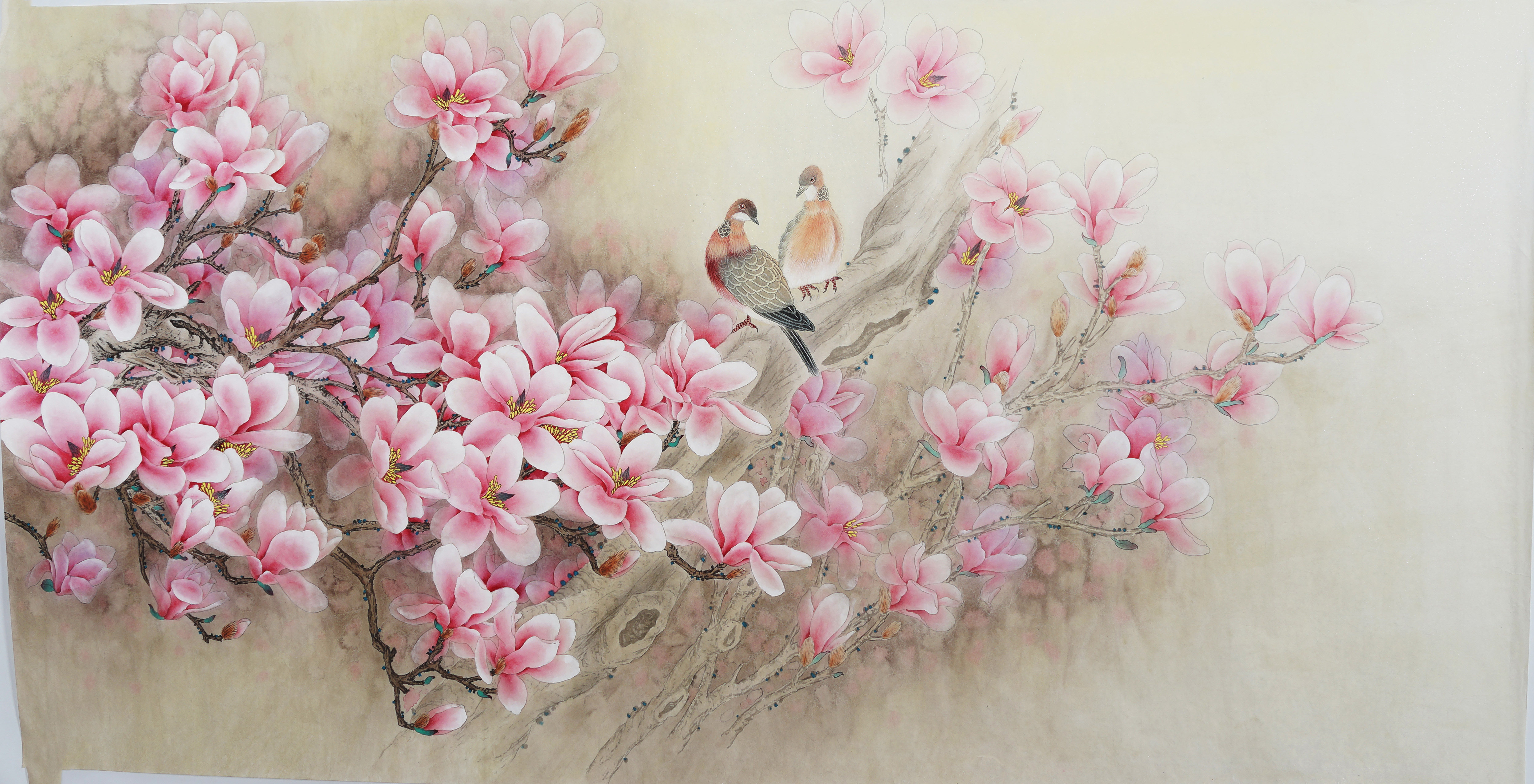 四尺精品工笔画纯手绘花鸟画国画春景玉兰花无款画没题款00457