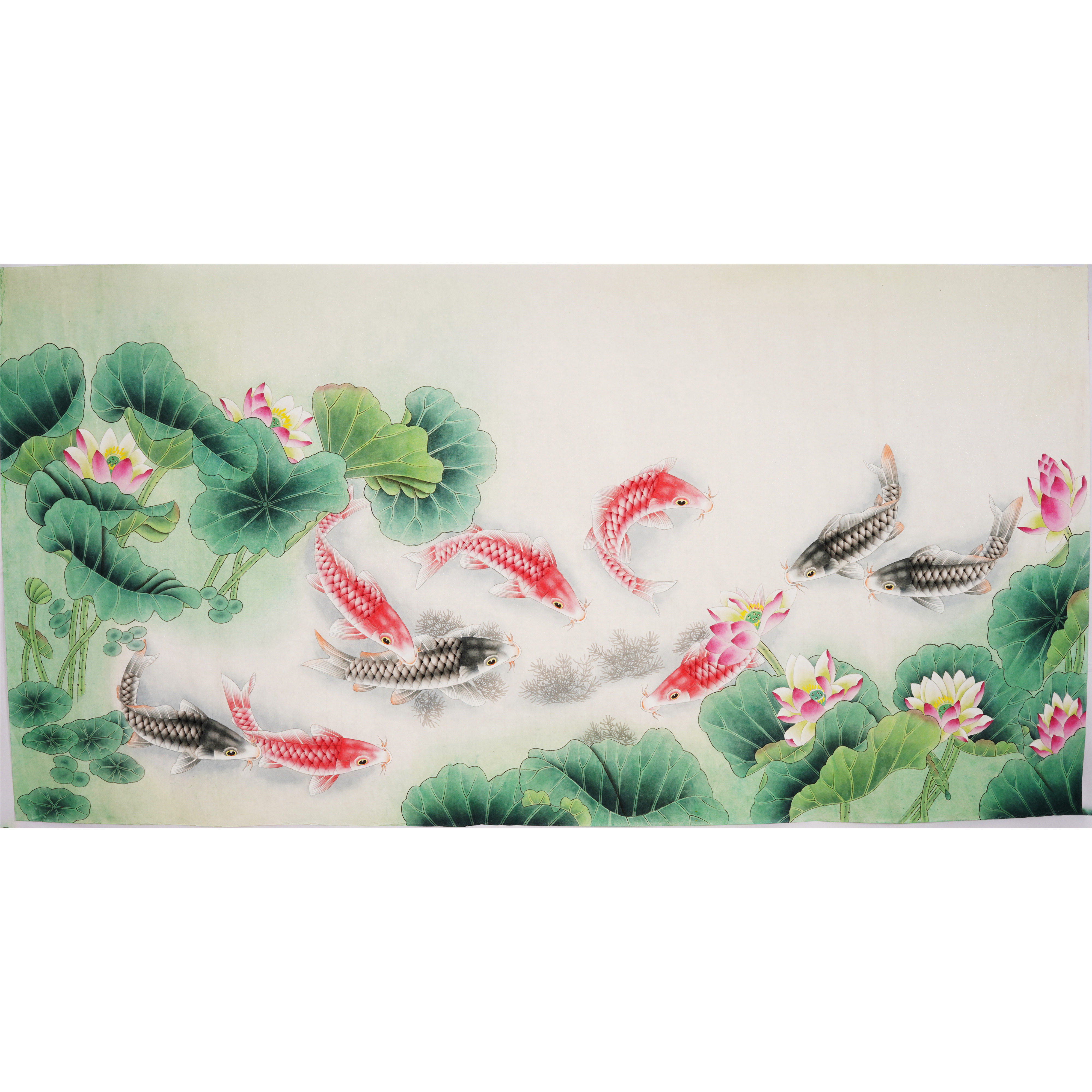 国画无款题款九鱼荷花手工工笔画手绘锦鲤四尺国画