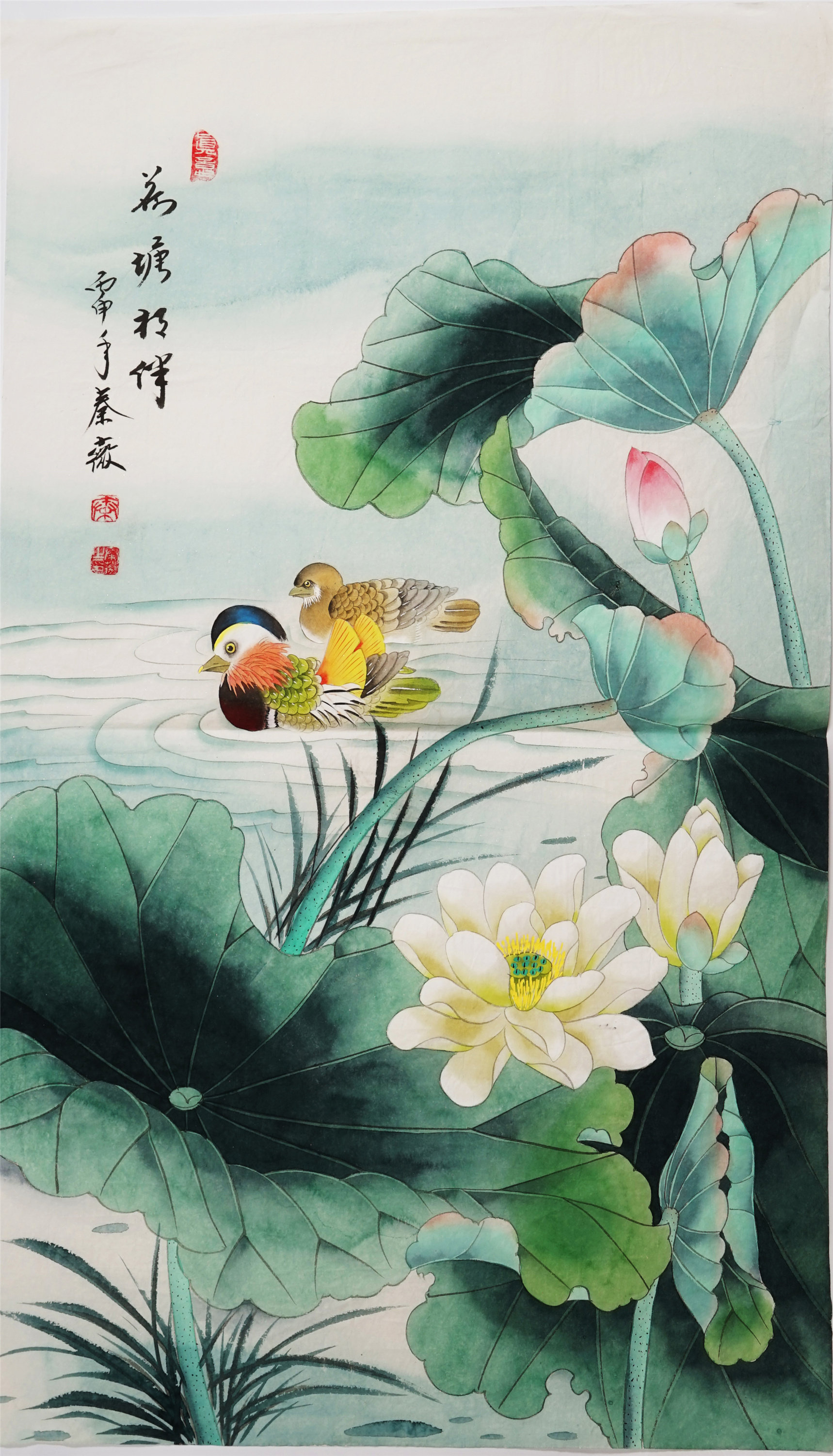 三尺鸳鸯手绘薇纯秦薇纯相伴工笔画荷塘字画卧室国画