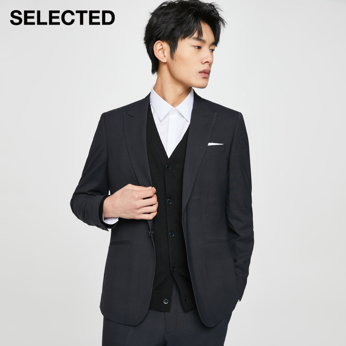 selected思莱德男士新款黑色修身一粒商务西服42115x003西服