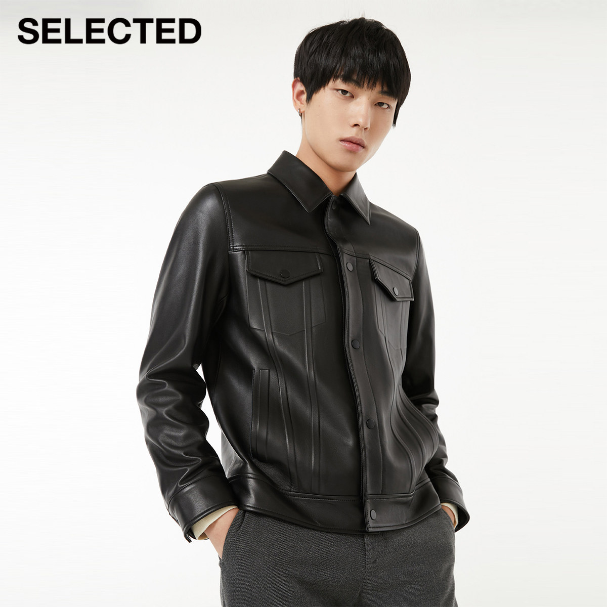 selected思莱德秋冬新款翻领复古羊皮革机车皮衣外套男422110007