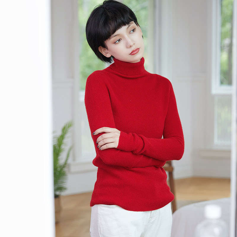 羊绒衫米梭一体成型无缝纯羊高领内搭翻领修身毛衣