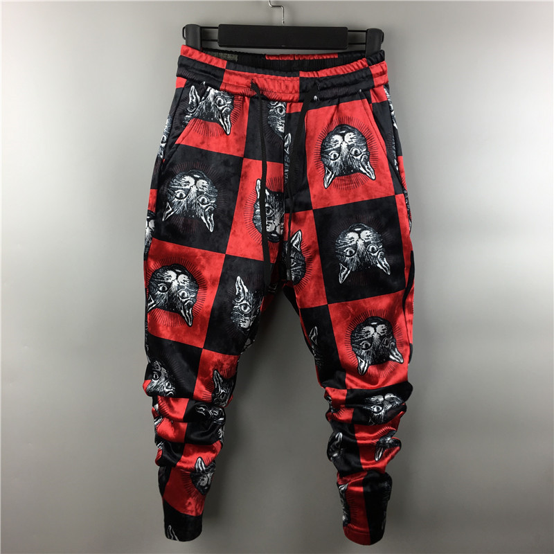 冬季哈伦裤个性社会高弹男大码网红同款印花猫头休闲潮流小脚裤子