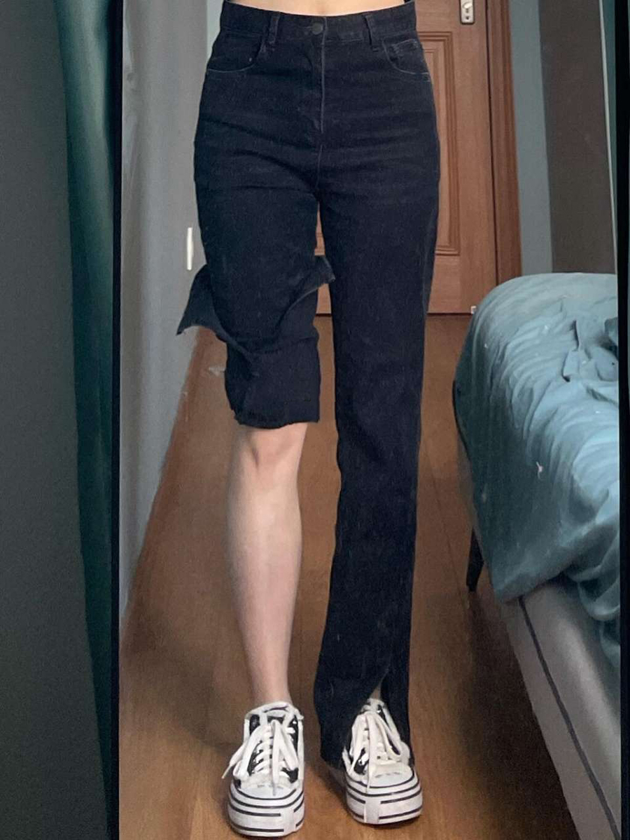 开叉黑色牛仔裤女秋冬加绒显瘦高腰微喇叭裤直筒宽松拖地阔腿裤子