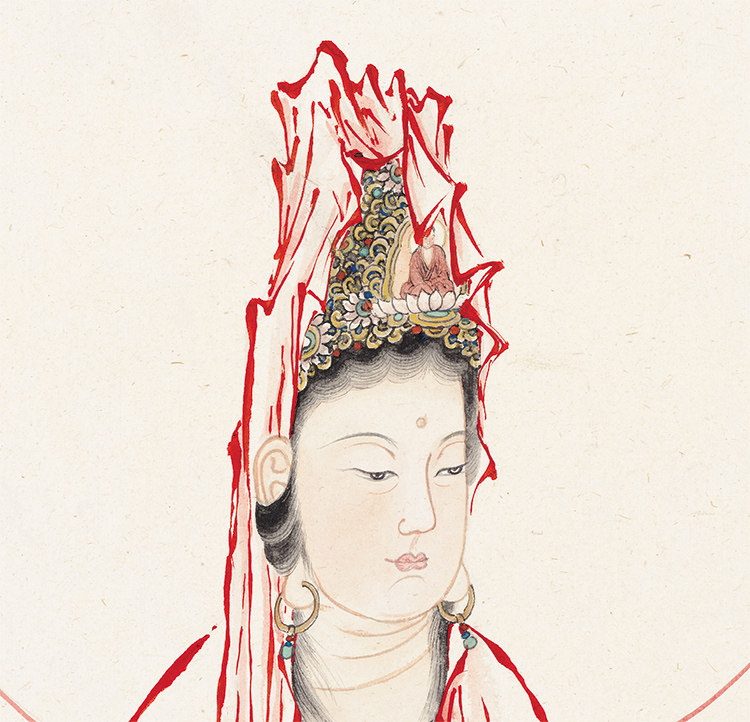 夏荆山018红衣观音国画佛画人物画竖画真迹复制国画