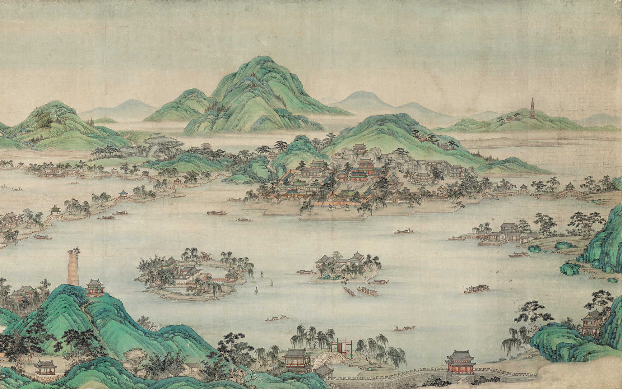 清张若霭西胡全景六条国画青绿山水客厅大堂国画
