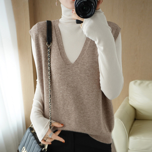 毛衣外套 针织衫 坎肩圆领短款 清仓女士羊毛马甲后背开叉毛背心无袖