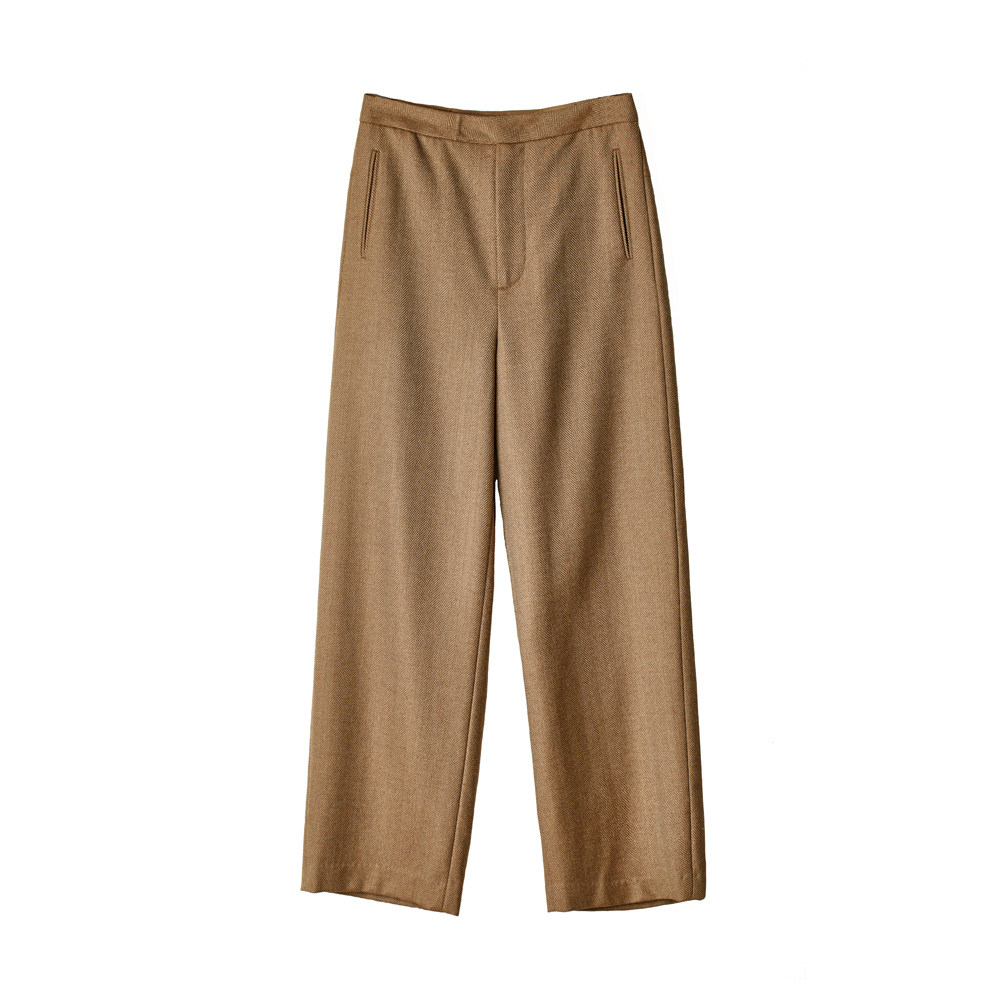 cleanflow金色柞蚕丝澳洲精纺羊毛人字高腰九分直筒休闲裤