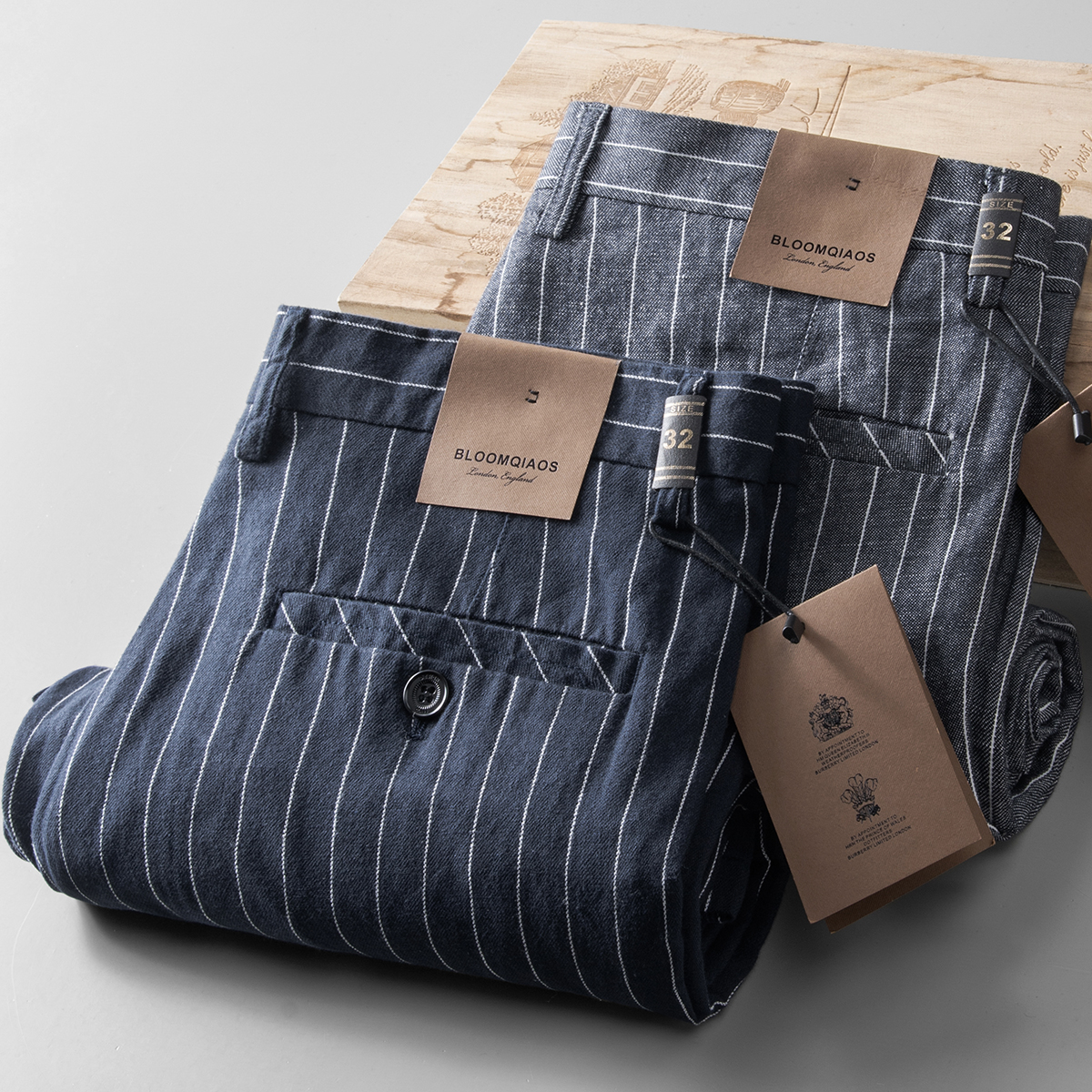 2022夏新款亚麻裤男士直筒色织条纹休闲裤棉麻长裤轻薄透气吸汗