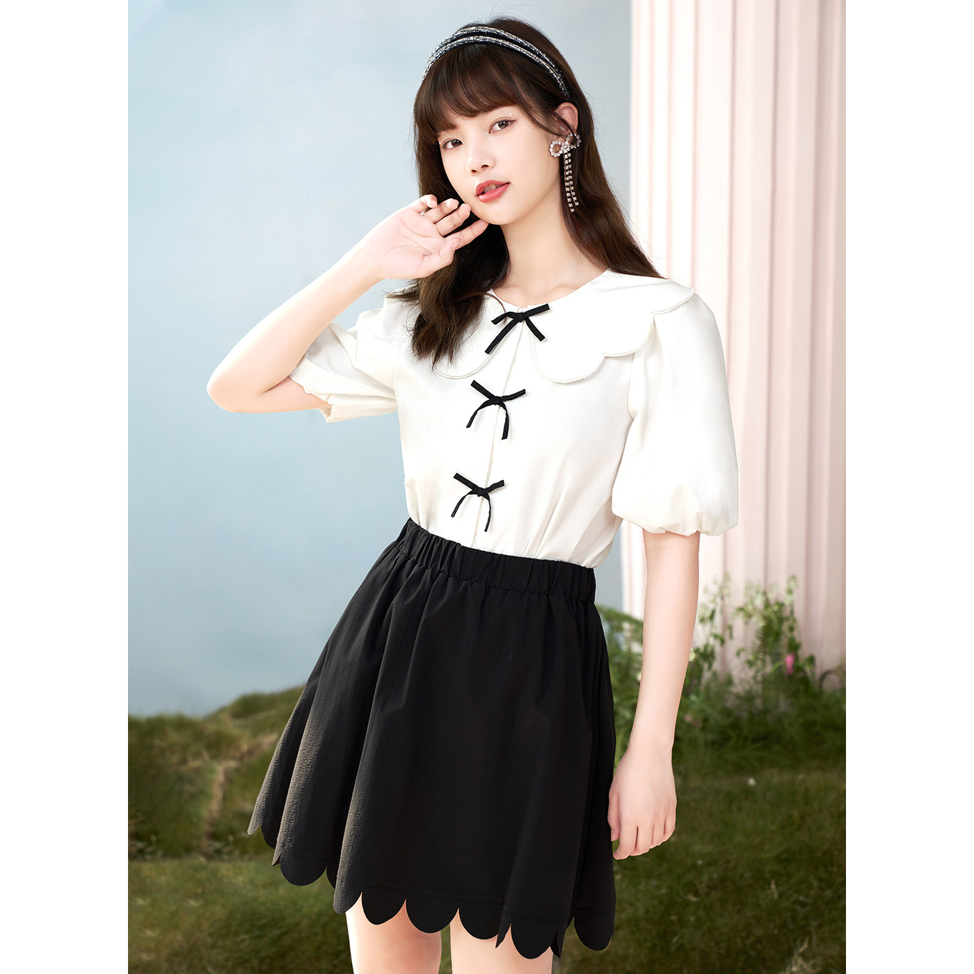 糖力夏季新款简约黑色半圆波浪边伞半身裙女半身裙