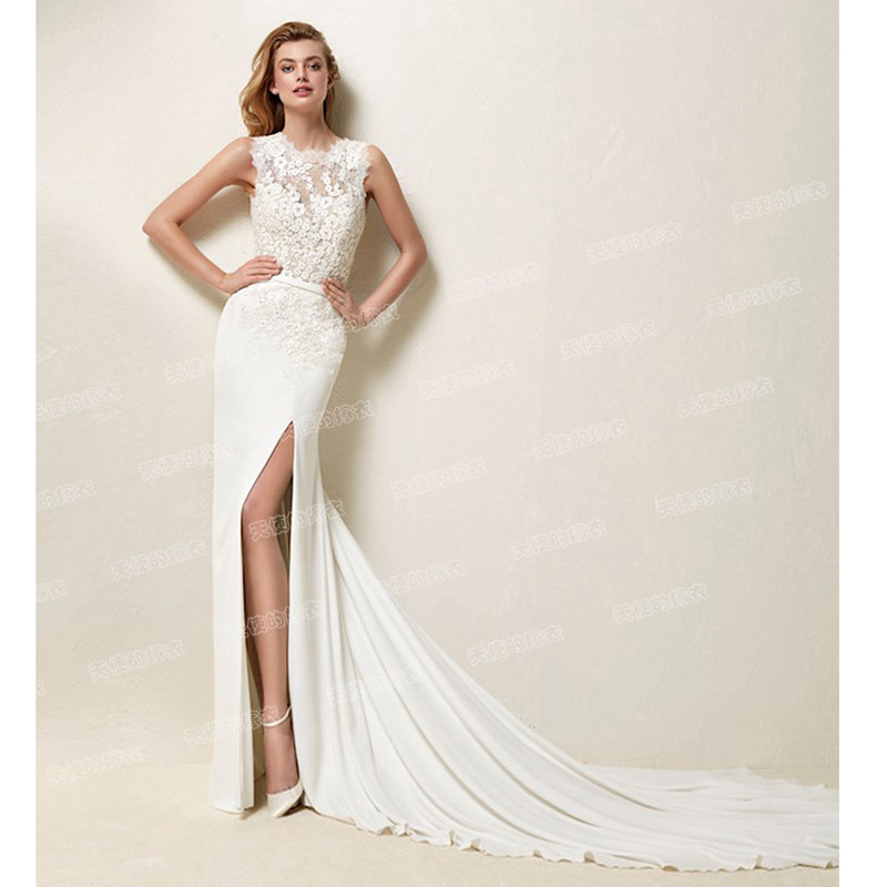 天天特价法式蕾丝一字鱼尾露腿新娘旅拍外景婚纱