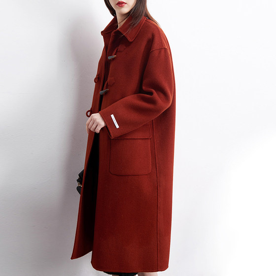 Red Ox Horn Button Double-sided Denim Cashmere Coat New Red Woollen Medium Length Double-sided Wool Coat For Women Red Ox Horn Button Double-sided Denim Cashmere Coat New Red Woollen Medium Length Double-sided Wool Coat For Women