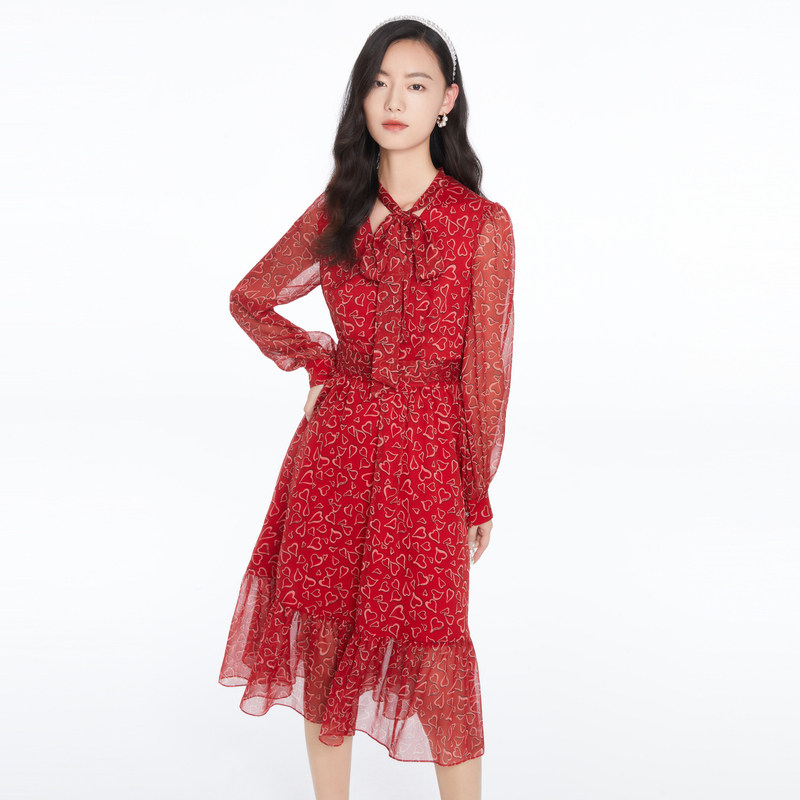 badina芭蒂娜雪纺连衣裙2022秋装新款大红红色气质连衣裙