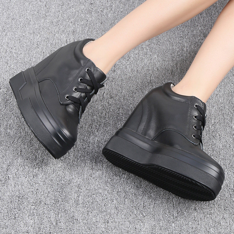 小个子内增高女鞋12厘米黑色厚底松糕鞋女春秋单鞋真皮坡跟运动鞋