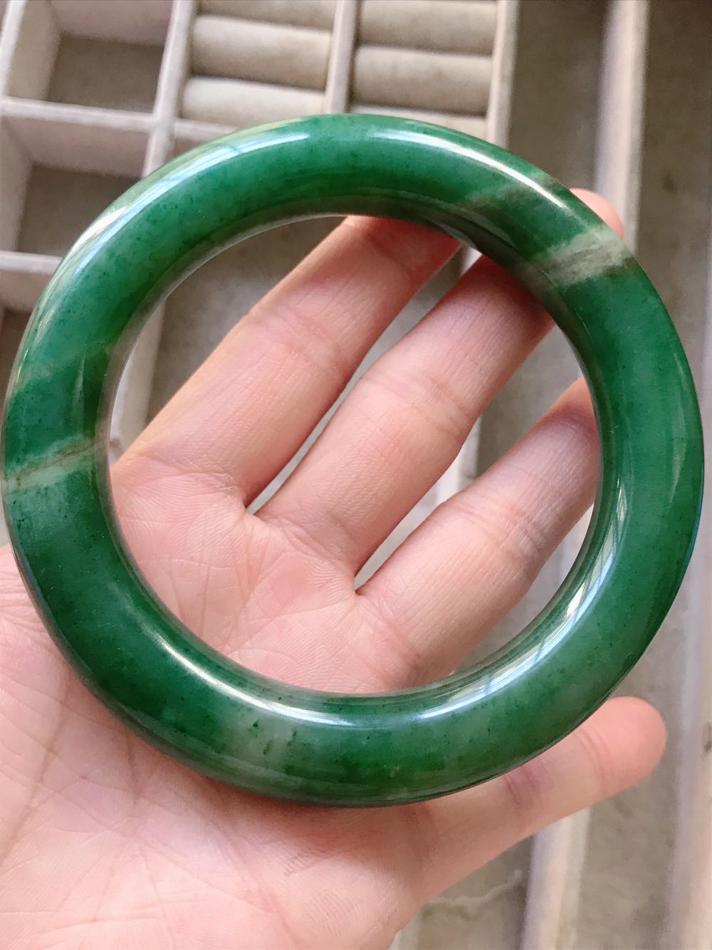 天娇玉器独山5960冰透满绿白天蓝油绿圆条手镯手镯