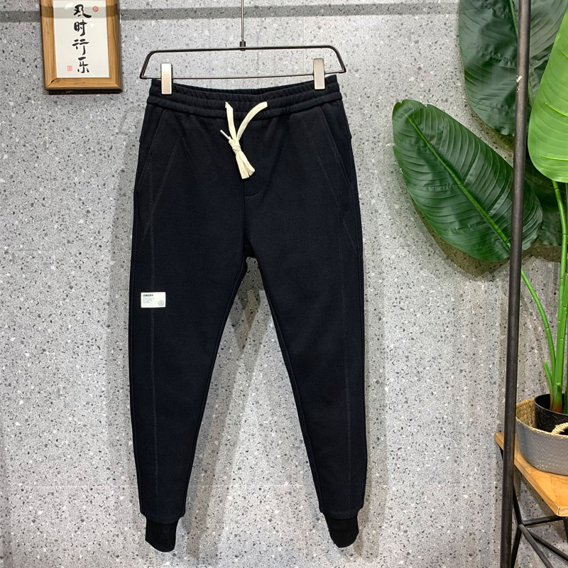 春季新款水洗黑色松紧腰抽绳高品质螺纹卫裤纹理拼接小脚休闲裤男