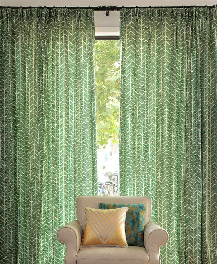 松石绿色抽象几何图案窗帘棉麻印花北欧简约定制窗帘