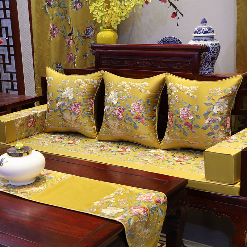 中式刺绣绣花红木沙发垫带靠背抱枕实木家具椅垫沙发垫