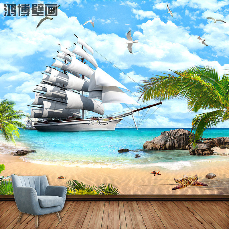 海景背景墙壁画沙滩3d立体风景贴画客厅装饰画墙贴