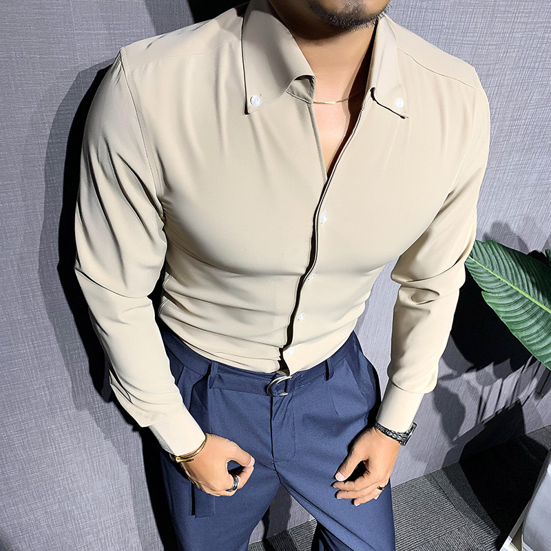 辉先生 秋冬季长袖衬衫男士纯色深v衬衣修身韩版职业商务休闲正装