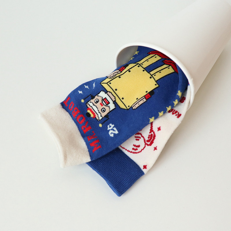 破破可爱机器人袜子袜子男男女卡通插画情侣中筒中筒袜