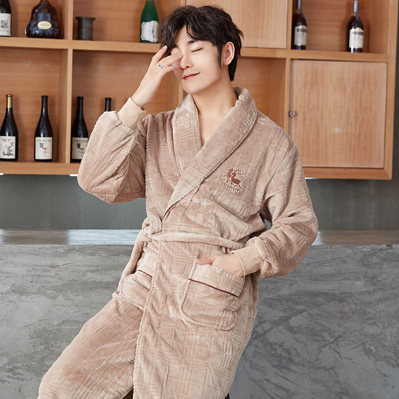 法兰绒男士睡衣秋冬季加绒加厚长款连体家居服大码珊瑚绒睡袍男