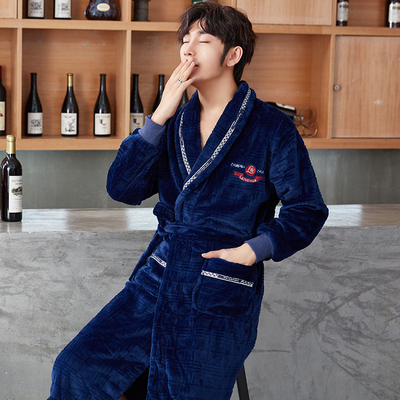 法兰绒男士睡衣秋冬季加绒加厚长款连体家居服大码珊瑚绒睡袍男