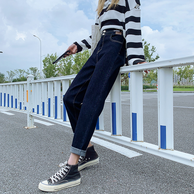 深蓝色老爹牛仔裤女直筒宽松春秋2022年新款春装高腰哈伦萝卜裤子