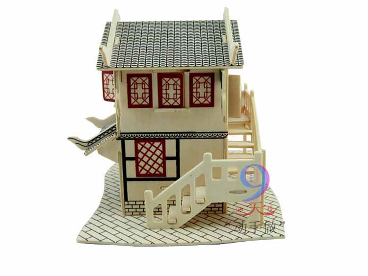 包邮茗轩茶楼手工木制仿真建筑模型儿童3d立体拼图