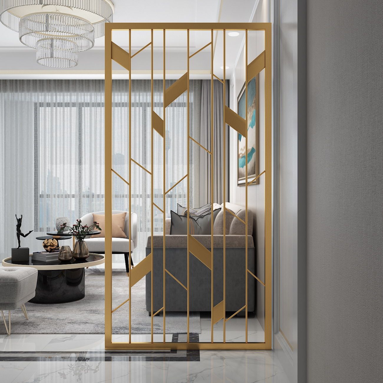 轻奢金属屏风隔断北欧入户挡煞工业风玄关现代套房客厅镂空隔断墙