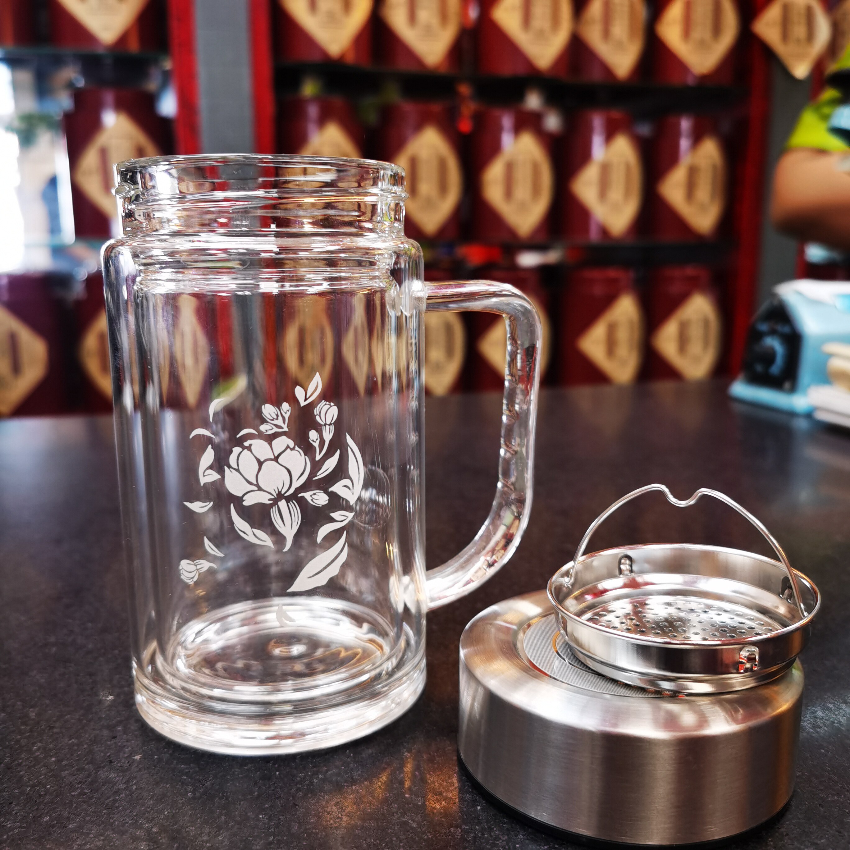 吴裕泰烫手双层玻璃茶杯漏网350ml茶杯