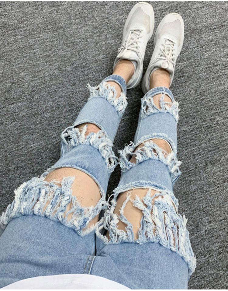 流行牛仔裤夏季潮流九分潮牌大洞破洞牛仔乞丐牛仔裤