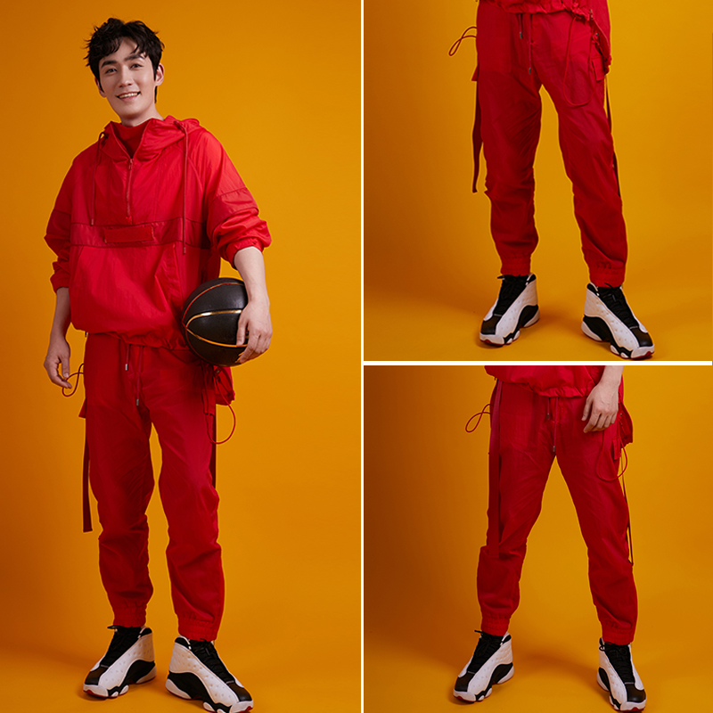 朱一龙明星同款红色运动裤休闲裤情侣装宽松百搭工装裤束脚裤潮牌