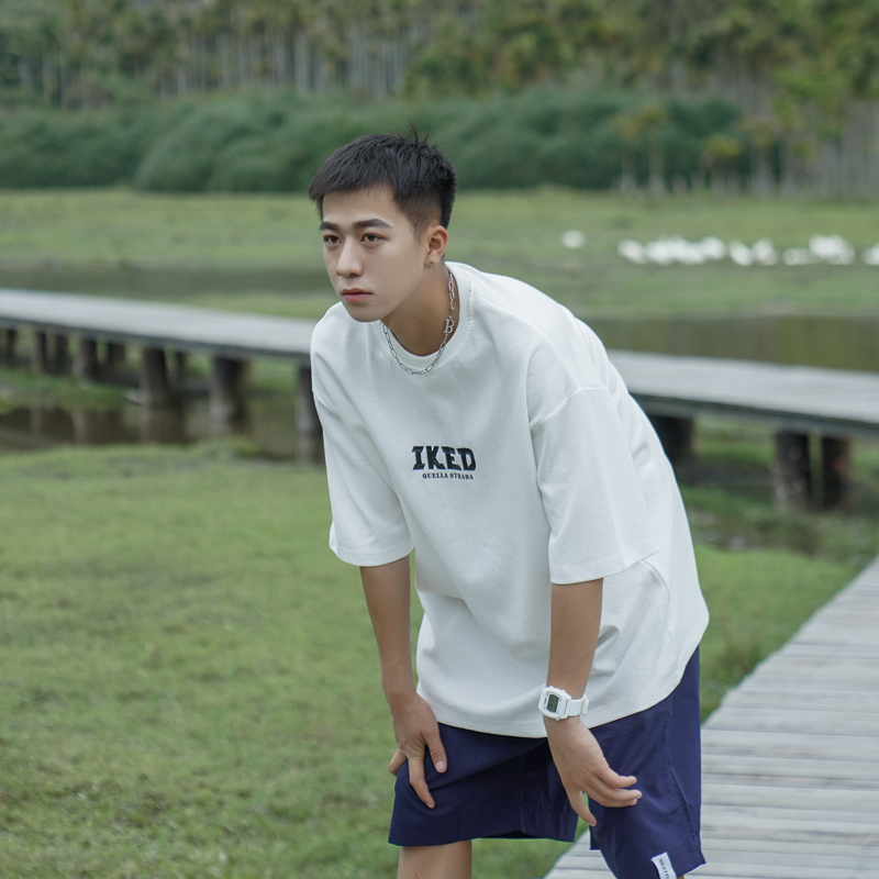 2022夏季新款极简字母拉浆短袖T恤男上衣潮牌半袖宽松打底衫体恤