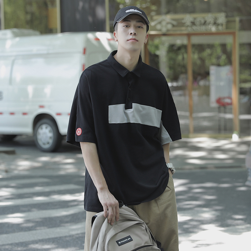 第四十九天夏季拼接印花字母短袖POLO衫男潮牌翻领半袖日系体恤衫