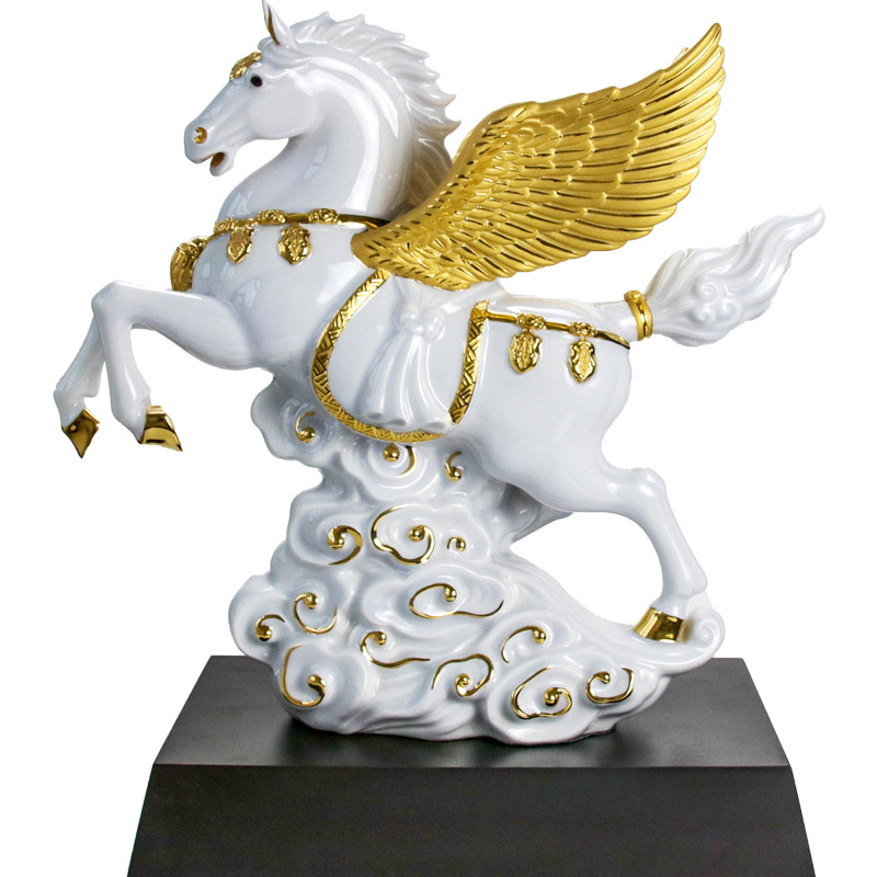 乾唐轩唐彩18寸飞天马金翼陶瓷摆件礼盒创意客厅茶宠摆件