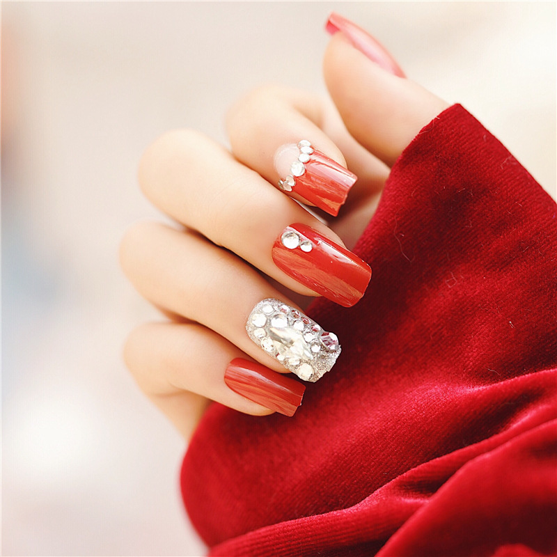 美甲工具 红色贴钻中长款假指甲贴片甲片 新娘美甲成品手指甲