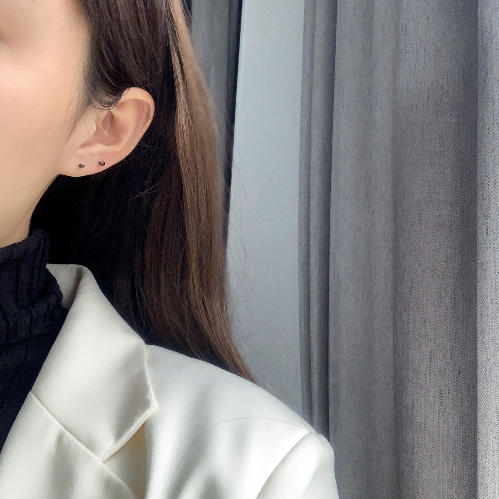 为晚 个性方块精致小耳钉简约女小巧ins养耳洞防过敏纯银耳饰个性