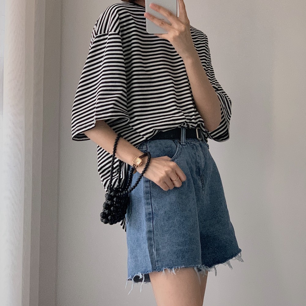 不愁搭配就狠潮的懒人黑白基础细条纹大t短袖t恤