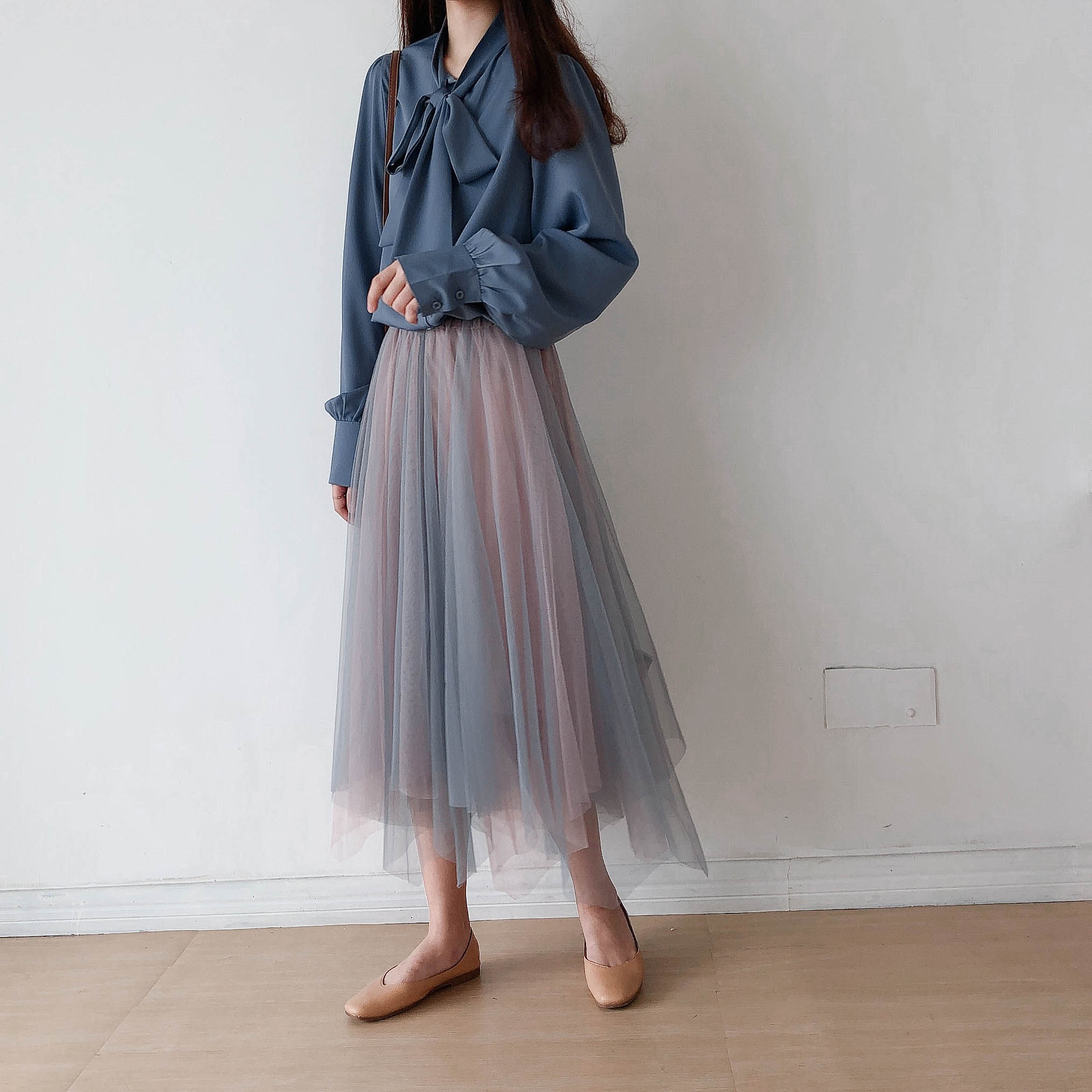 柯德莉蓝.婉约复古文艺蝴蝶结系带慵懒纯色女春新上衣衬衫雪纺衫