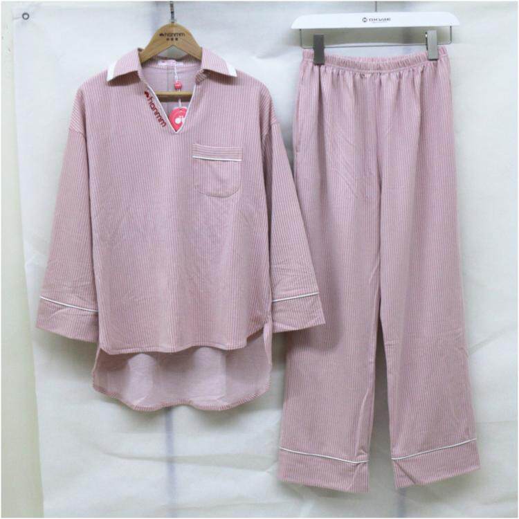 韩蜜蜜新款女士色纱棉竖条纹翻领毛巾内里家居服睡衣
