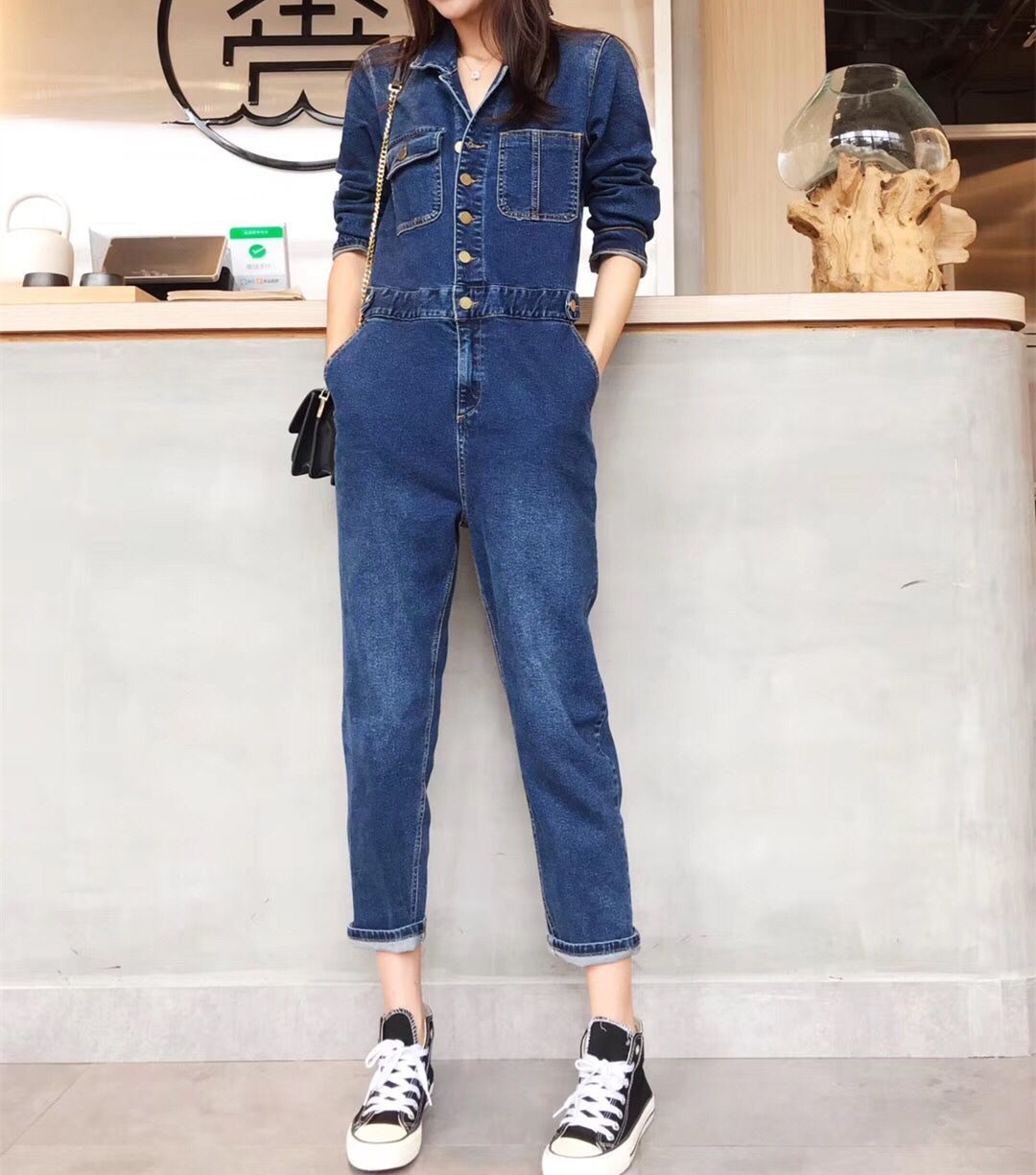 佐娜71022深蓝色牛仔背带裤女2019新款宽松连体牛仔裤