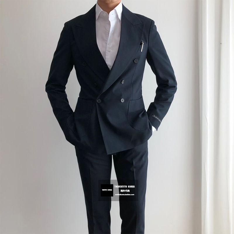 VESTITO秋季新款 商务休闲绅士复古 双排扣修身西服套装韩国代购