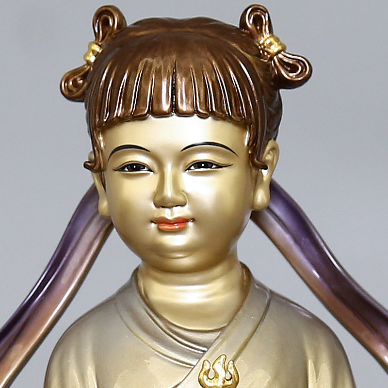 纯铜彩绘金童玉女佛像善财童子童女一对观音菩萨摆件